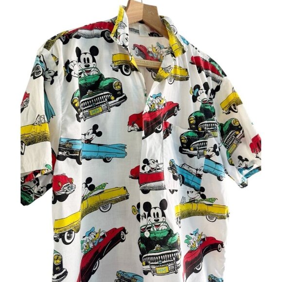 VTG 80s Men's Sz M Disney Mickey & Minnie Mouse Driving in Cars Button Up Shirt - Picture 2 of 9